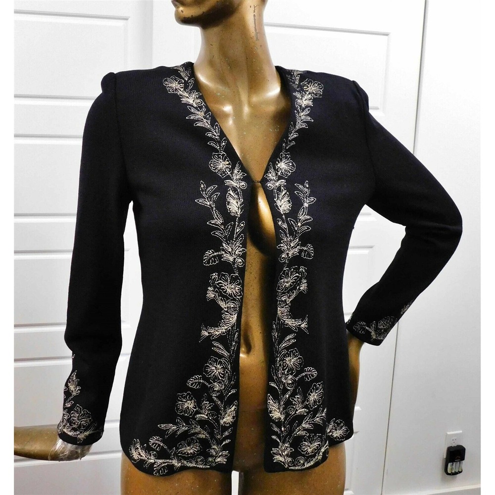 St John Evening Black Santana Knit Gold Embroidered Jeweled Jacket Blazer sz 8